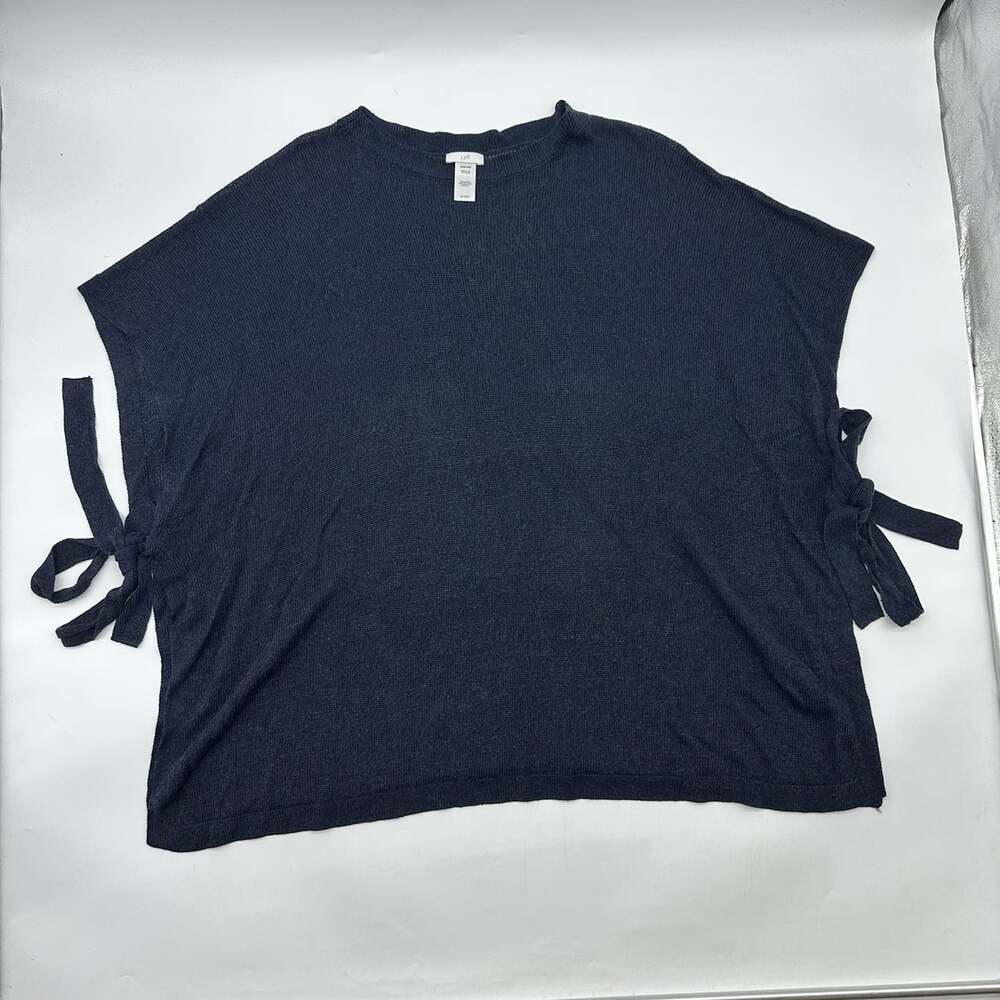 J.Jill One Size Navy Blue Linen Blend Sheer Open Knit Side Tie Up Swim Cover Up